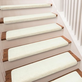 PURE ERA Carpet Stair Treads Ultra Plush 9.5" X 30"Soft Bullnose Indoor Stair Protectors Pet-Friendly Non-Slip Skid Resistant Tape Free Washable Reusable(2 Pieces,White)