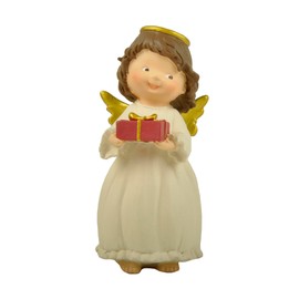 DurableDelights Angel Holding Gift Box – 4.92” Hand-Painted Resin Angel Statue – Holiday Christmas Tabletop Decor – Cute Small Angel Ornament – Faith-Inspired Keepsake