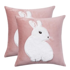 Tosleo Happy Easter Pillow Covers 18X18 Inch Set of 2 Cute 3D Embroidered Bunny Easter Decor Pillow Case Spring Farmhouse Pillows Easter Decorative Velvet Pink Throw Cushion Cover for Home Sofa Couch