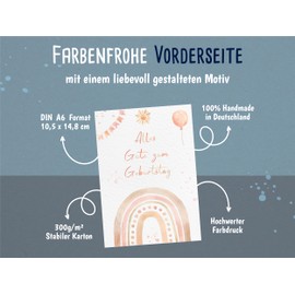 Geburtstagskarte Kinder Boho – A6 Postkarte mit Umschlag – Regenbogen, Luftballon & Girlande – Glückwunschkarte zum Geburtstag – Handgemachte Karte für Mädchen & Jungen – Pastellfarben