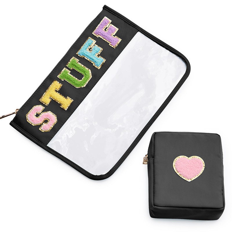 Bolsa de cosméticos, 2 bolsas de maquillaje con letras, Negro