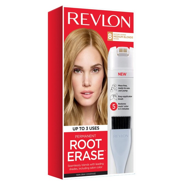 Revlon Permanent Hair Color, Permanent Hair Dye, At-Home Root Erase with Applicator Brush for Multiple Use, 100% Gray Coverage, Medium Blonde (8), 3.2 Fl Oz