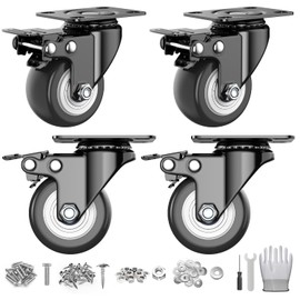2 Inch Caster Wheels Set of 4, Heavy Duty Casters with Brake, No Noise Locking Swivel Casters with Polyurethane (PU) Wheels, Caster Wheel for Cart, Furniture and Workbench (Two Hardware Include)