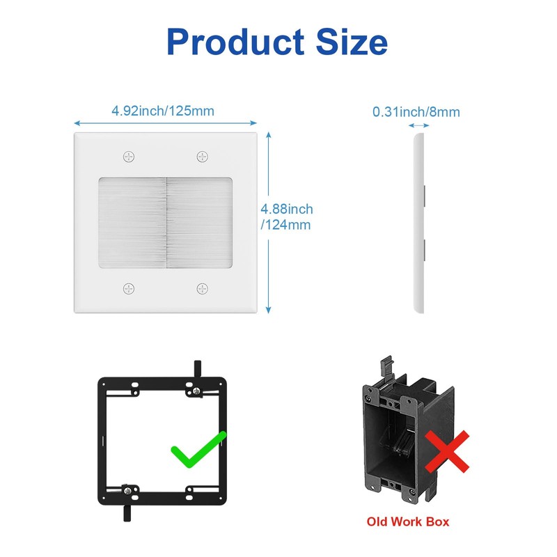 iwillink 2 Gang Brush Wall Plate White, Cable Pass Through