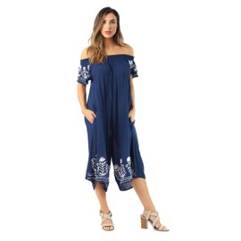 Riviera Sun Womens Off Shoulder Embroidered Jumpsuit Romper, Navy, 3X