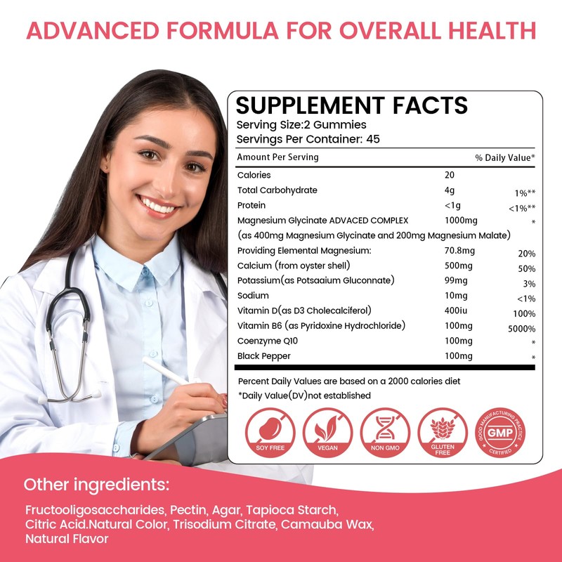 Magnesium Gummies 1000mg -Magnesium Glycinate Supplement and Magnesium L-Threonate Gummy,Sugar