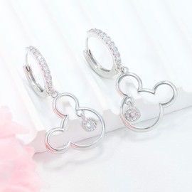 Mouse Earrings for Women Sterling Silver White Gold Mouse Dangle Hoop Earrings Sparkling CZ Lucky Cute Mini Earrings Animal Fashion Hypoallergenic Princess Jewelry Gifts for Daughter Birthday
