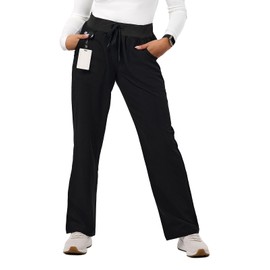 Peelz Sara 4-Pocket Straight-Leg Scrub Pants for Women - Soft Stretch Fabric, Elastic Waistband, Comfort Fit, Black, Large, Regular