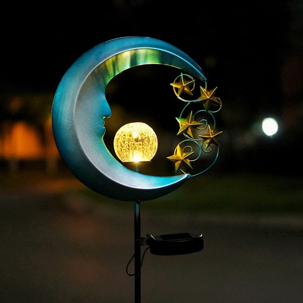 Solar Moon Lights, Outdoor Garden Lights with Crackle Glass Ball and Golden Stars, Waterproof Pathway Stake Lights for Lawn, Patio, Yard (1 Pack, Blue)