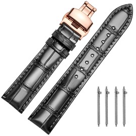 MUENShop Watch Strap with Folding Clasp Leather Quick Release Genuine Leather Strap for 18 mm - 24 mm Black Brown Blue Green Calfskin Replacement for Men / Women, Black rose gold, Classic
