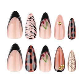 Almond Press on Nails Medium Fake Nails with Designs Flower Stick on Nails Leopard French False Nails Gold Lines Acrylic Nails Glossy Artificial Nails Full Cover Glue on Nails for Women
