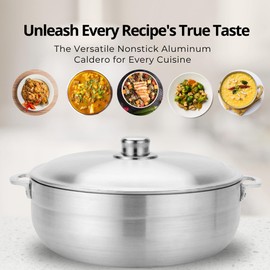 Alpine Cuisine 13-Quart Nonstick Aluminum Caldero Pot with Aluminum Lid & Riveted Handle | Heavy-Duty Cookware for Large Servings of Stew & Rice | Easy Clean, Silver