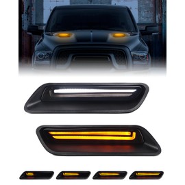 PWOBVZ Switchback LED Vent Hood Scoop Light for 2010-2018 Ram 1500, 2019-2022 Ram 1500 Classic Smoked Lens Sequential Amber Turn Signal White DRL Positon Lights Hood Bezel Trim Replacement, pack of 2