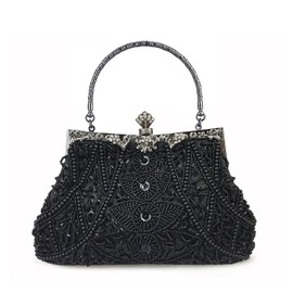 HONGCI Glitter Fashion Beaded Sequin Pearl Clutch Bag for Women - Vintage Beaded Evening Bag, Bridal Bag, Clutch Handbag for Wedding, Party, Prom (Black)