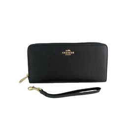 COACH Leather Zip Around Wallet, Black, Gold Hardware Included, Wrist Strap, Large Capacity Card Storage, Black