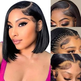 Thogriy Bob Wig Human Hair 13x4 HD Transparent Lace Front Wigs Human Hair 180% Density Pre Plucked Short Bob Straight Wigs Human Hair for Women Natural Black Color 8 Inch