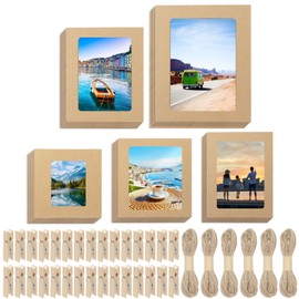 Keadic 105PCS Paper Picture Frames 5 Sizes Brown Cardboard Photo Frame with Wooden Clips and Strings Photo Display Banner for Home Office Wedding Party Decor
