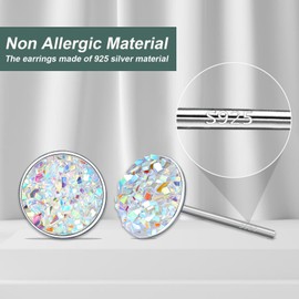 Round Stud Earrings for Women - 925 Sterling Silver Stud Earrings with Colour Cubic Zirconia Bohemian Stud Earrings Colour Stone Glitter Round Flat Stud Earrings Gift for Women Girls, Silver, Zircon
