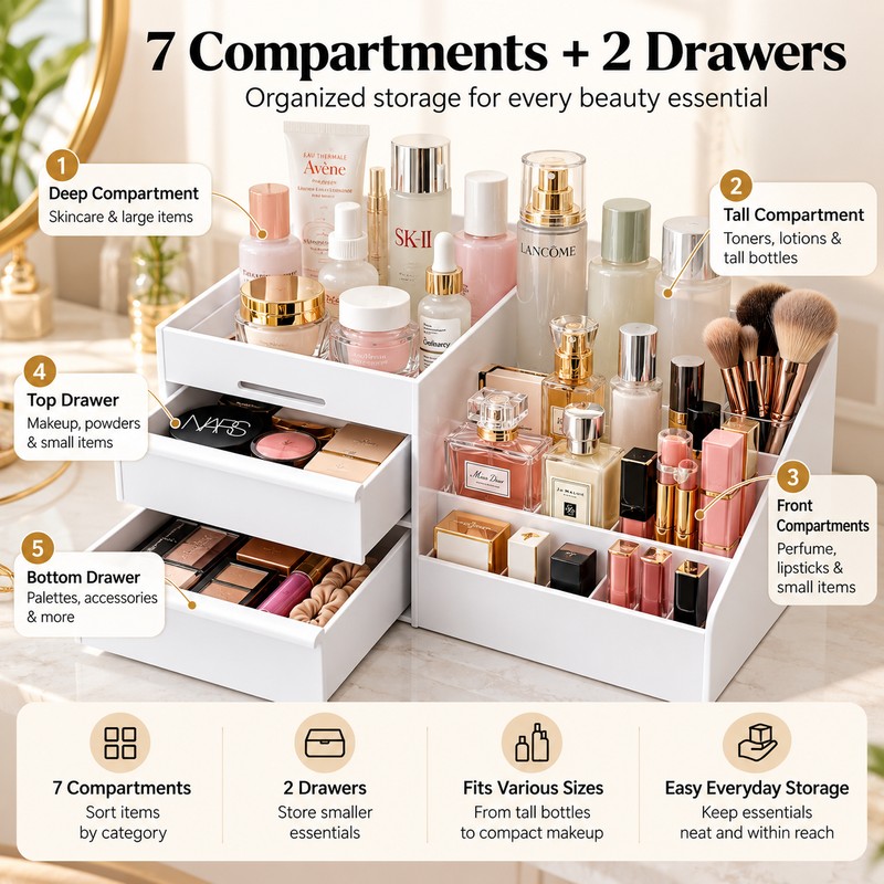 9-Grid Makeup Organizer for Vanity Storage – White Plastic Drawers