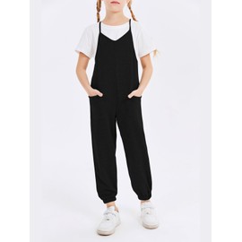 rrhss Girls Jumpsuit Romper Sleeveless Cute Long Pants Casual Plain Color Overalls with Side Pockets