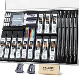 STAGEEK 25PCS Art Mechanical Pencil Set, 3PCS Metal lead pencil 0.5, 0.7, 0.9, 2PCS 2mm Drawing Pencil (HB 2H 2B 4B Color) with 392PCS Graphite Leads, Eraser with Case for Drafting Drawing Writing