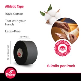 Cramer Athletic Tape 6 Pack, 1.5" x 10 Yards Black, Easy Tear Adhesive for Ankle, Wrist & Knee, Latex-Free, Strong Support, Training Tape Roll for Athletes