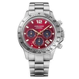 Angel Clover NLUS44SSV-RE Men's Wristwatch, Luce Solar, Chronograph, Sapphire Glass, Red Dial, Silver, Red x Silver (Bracelet), Bracelet Type