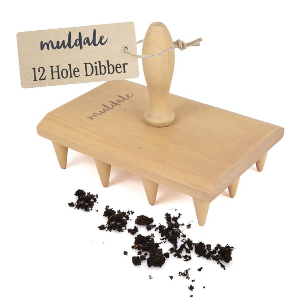 Muldale Multi Dibber - Seedling Dibber Tray with Handle - Natural Sustainable Beechwood - Plant Dibber for Gardeners - Seed Planter Tool for Smaller Seedlings - UK Brand - 12 Dibbing Spikes