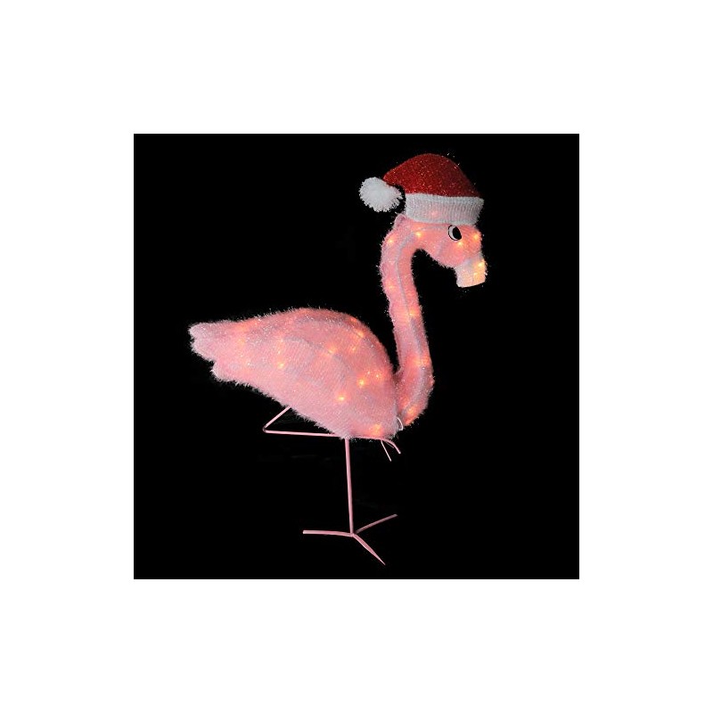 32" Pre-Lit Pink Flamingo with Santa Claus Hat Christmas Outdoor