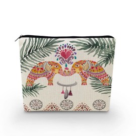 YULUENZE Elephant Present Ethnic Pattern Elephant Canvas Makeup Bag Cute Small Organizer Bag with Zipper Elephants Toiletry Cosmetic Bag Birthday Presents for Elephant Lovers Women Friends