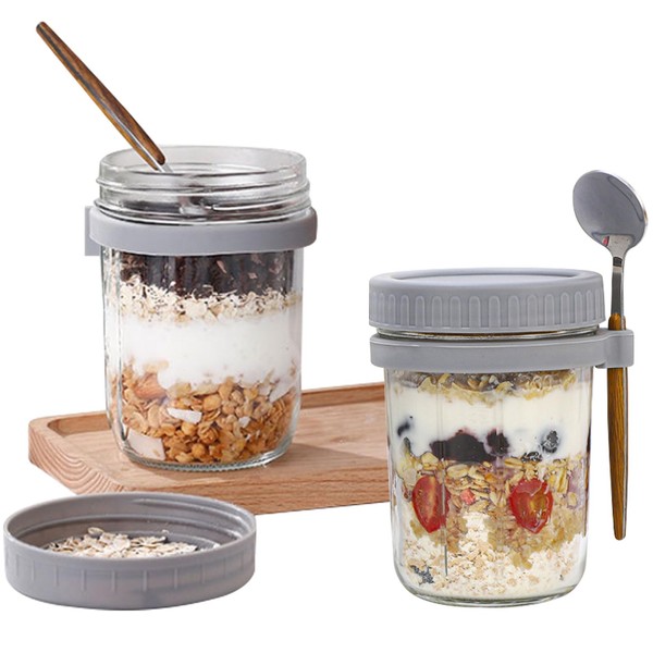 Jogoico 12oz Overnight Oats Jars 2pcs, Overnight Oats Containers with Lid and Spoon, Glass Mason Jars with Measurement Marks Airtight for Oatmeal, Cereal, Yogurt, Fruit Salad(Grey-2 pack)
