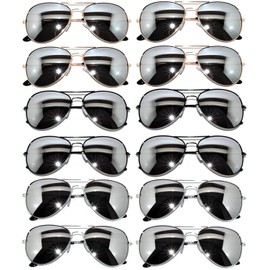 OWL 12 Pack Aviator Sunglasses Black, Gold, Silver Frame Full Mirror Lens for Women Men