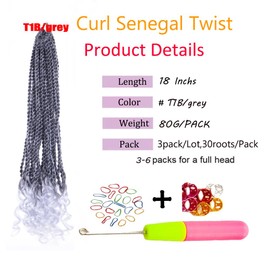 Haolocs 3Pack/Lot Curly Senegalese Twist Crochet Hair 18 Inch Curly Ends Prelooped Goddess Braids Crochet Hair Synthetic Braiding Hair Extensions for Women (#T1B/Grey)