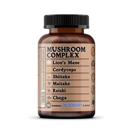 Mushroom Complex Gummies - 6 Mushroom Blend with Lion’s Mane, Reishi, Cordyceps, Shiitake, Maitake & Chaga + Ginkgo & Elderberry - Sugar Free Blueberry Flavour - 60 Gummies