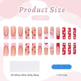 Goiern Press on Nails Long Glitter Stone Pink False Nails Black Nails Square Jewellery Shiny 3D Flowers False Nail Tips Artificial Nails Pack of 24