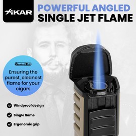 XIKAR Tactical Single-Jet Lighter, Tan and Black - Powerful Flame, Rugged Design with Rest Feature, Pocket Clip, EZ-View Fuel Window, and Adjustable Flame Height - Ideal for Outdoor Use