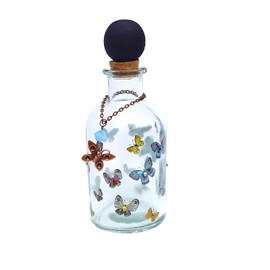 Whimsical Decorative Refillable Large Glass Bottle with Cork Top Colorful Butterflies Hand Painted Accents Crystal Rhinestones Butterfly Bohemian Bedroom Powder Room Decor
