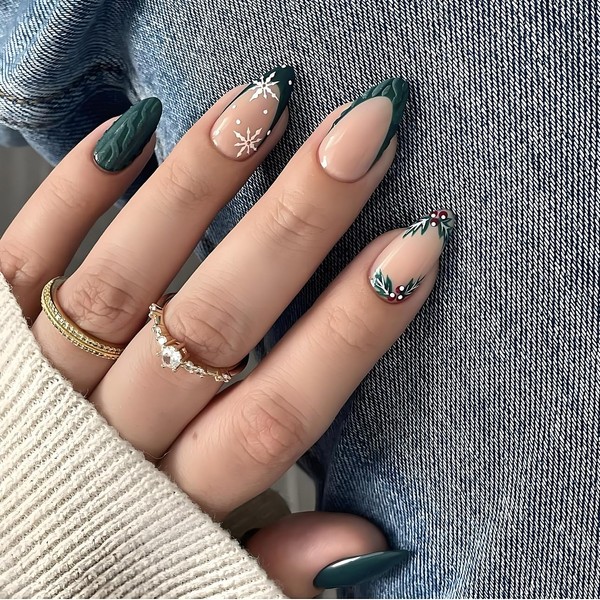 LPOODDNU Christmas Press on Nails Almond - Green French Tip