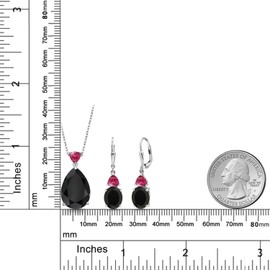 Gem Stone King 925 Sterling Silver Black Onyx and Red Created Ruby Pendant Earrings Jewelry Set For Women (16.20 Cttw, Pear Shape 18X13MM, with 18 Inch Chain)