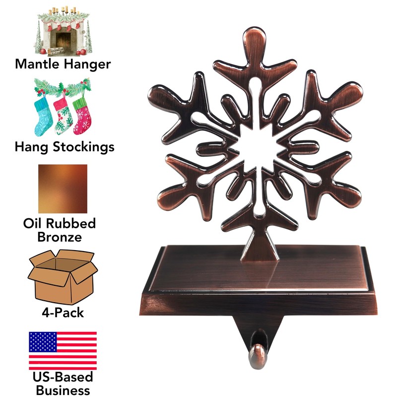 Iconikal 4-Pack Stocking Hanger Holder, Oil-Rubbed Bronze Snowflake Weighted Base
