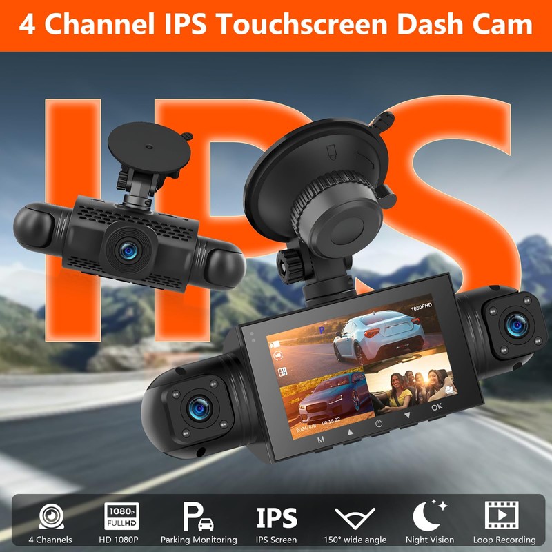 Podofo 360° Dash Cam Front and Rear Inside,4 Channel 3"