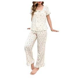 Verdusa Women's 2 Piece Pajama Sets Floral Print Puff Sleeve Bow Front Square Neck Short Sleeve Top and Pants Pajama Set Apricot Large