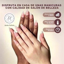 Uñas Postizas con Punta Francesa, Uñas Press on para Manos, Cortas y Puntiagudas en Forma de Almendra con Acabado UV, Kit de Uñas Semitransparentes de