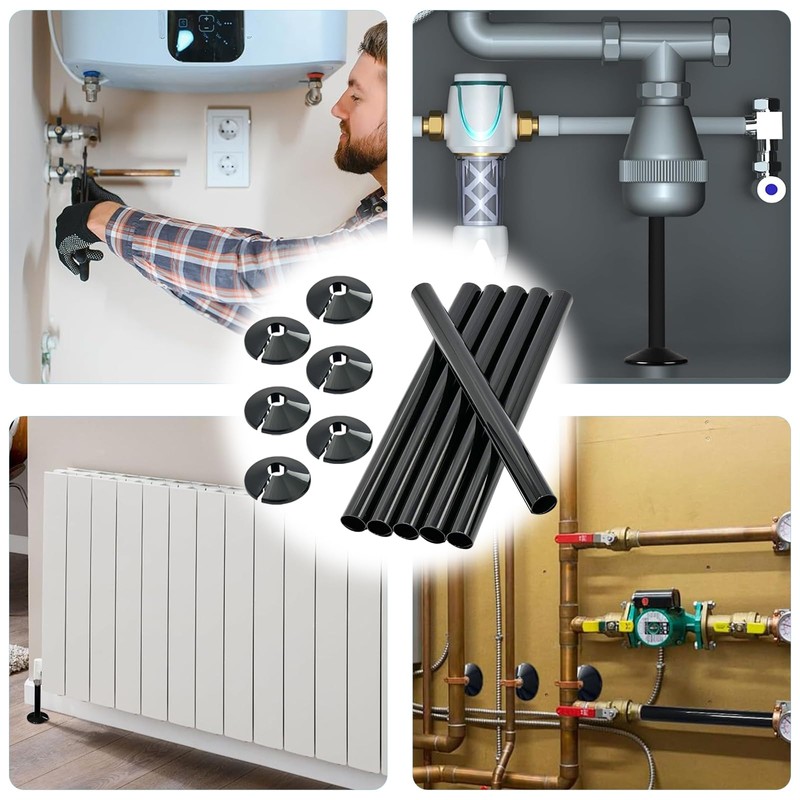 Black Radiator Pipe Covers & Sleeves, 6 Pack 200mm x