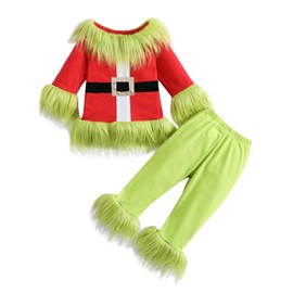 RWYBEIW Kids Boys Girls Christmas Santa Cosplay Costume Green Monster Hooded Santa Claus Furry Suit Xmas Funny Clothes Set (A-Green, 2-3 Years)
