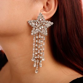 Kercisbeauty Statement Silver Stars Stud CZ Rhinestones Tassel Dangle Drop Earrings for Women Girls Ladies Dressy Jewelry