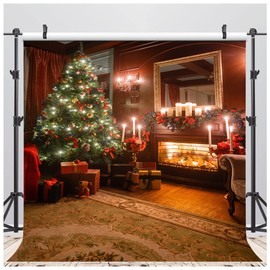 AIIKES 8x8FT Christmas Tree Backdrops Indoor Fireplace Photography Background Xmas Gifts Wood Floor Photo Backdrops Party Home Decoration Photo Booth Studio Props 11-777
