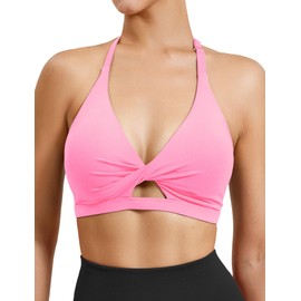 VOYJOY Workout Sports Bras for Women Padded Backless Strappy Fitness Wireless Gym Medium Impact Bra Yoga Crop Top Pink S
