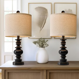 BOBOMOMO 24" Traditional Farmhouse Table Lamp Set of 2, Vintage Resin Lamps for Living Room Bedroom, Rustic Nightstand Lamp with Linen Shades, Retro Black Table Lamps for Living Room, Bedroom, Office