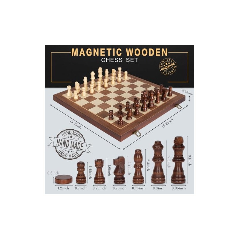 2 in 1 Magnetic Wooden Chess and Checkers Board Game